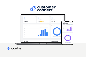 Customer connect logo with laptop and iphone frame showing screenshot of platform