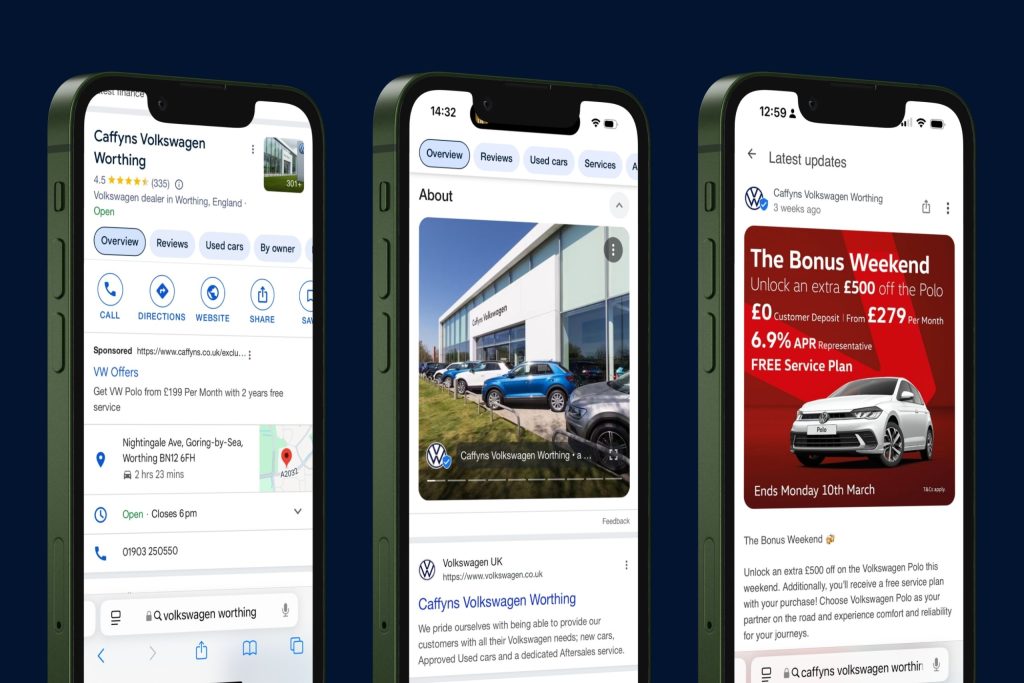 Three iphone frames showing three different pages of a car dealerships Google Business Profile which is fully optimised