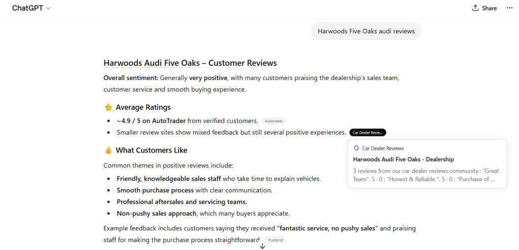 Chat GPT Summary of Harwoods Five Oaks Audi reviews
